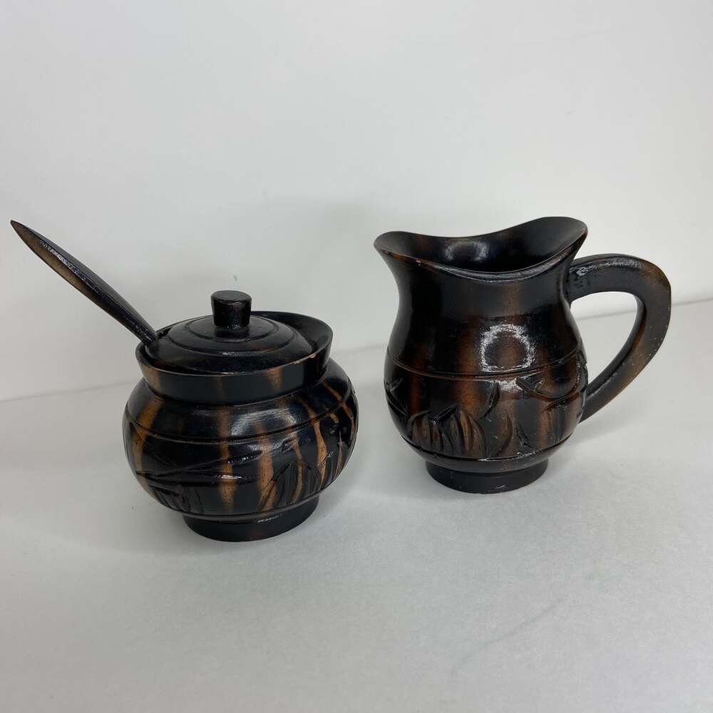 Vintage Wooden Handcarved Cream & Sugar Dishes